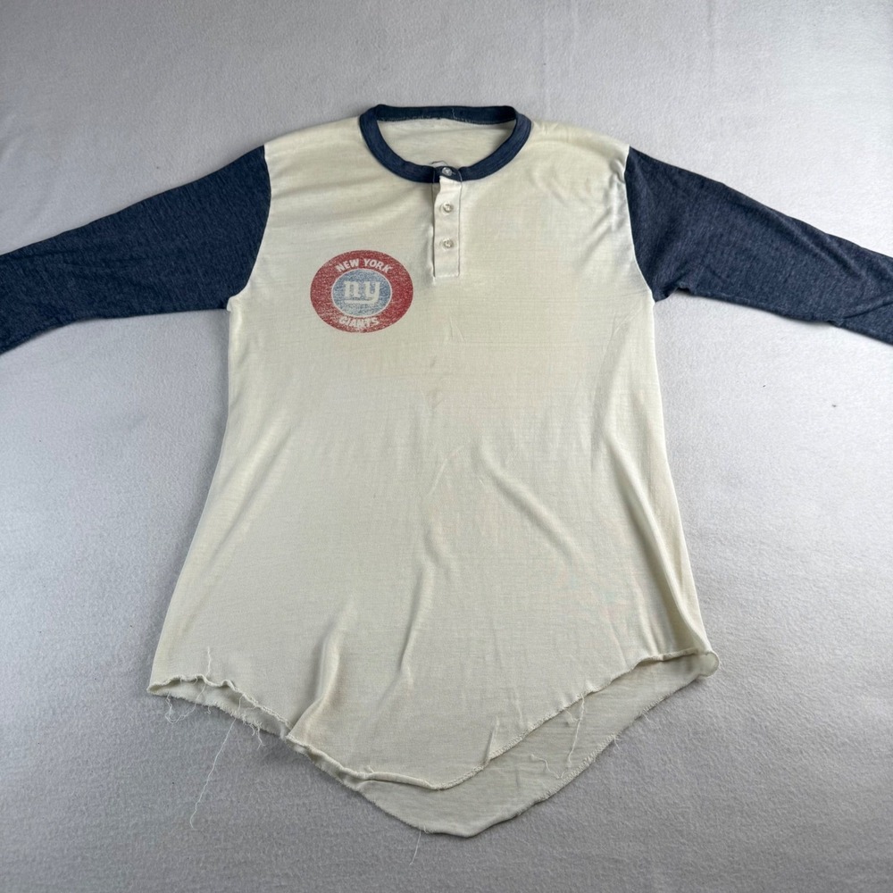 Vintage NY Giants Raglan Henley Shirt Cream Navy Blue Raw Hem Distressed Women's